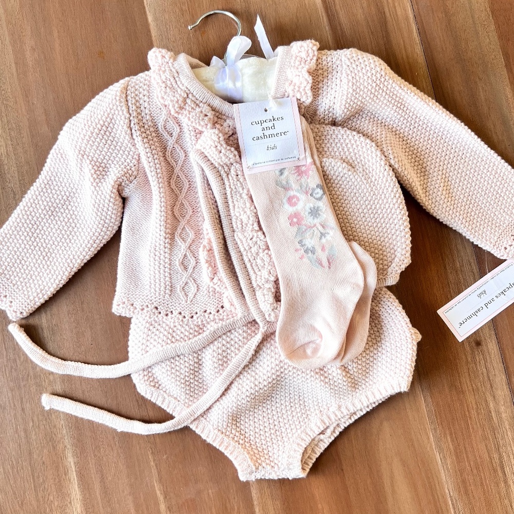 NWT Baby Girl Pink Knit Sweater Outfit with Diaper Cover, Socks, and Bonnet